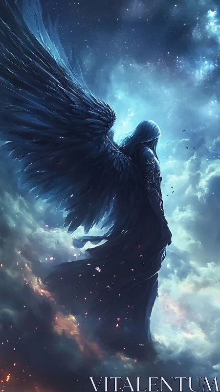 Celestial dark-winged figure rendered in high-contrast atmospheric depth