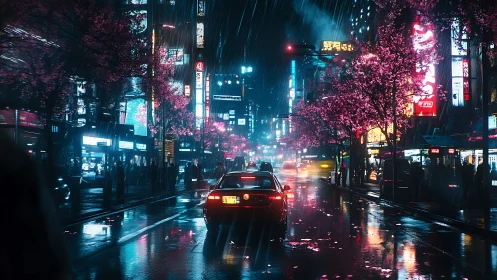 Neon city street in rain with car and pink cherry trees.