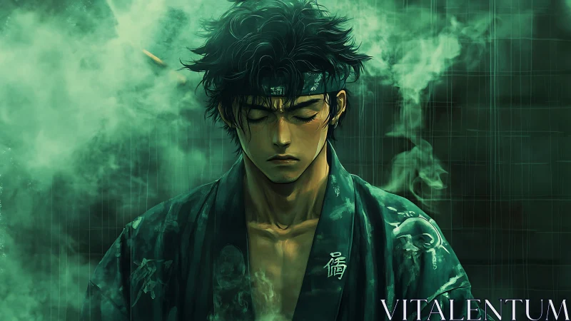 Smoldering warrior in jade mist, wrapped in solemn focus.