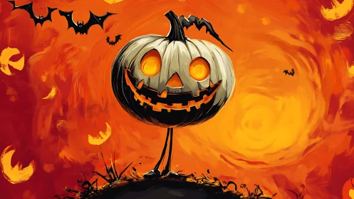 Whimsical jack-o’-lantern character under swirling orange sky.