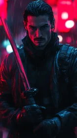 Neon rain samurai waits in crimson-soaked city shadows.