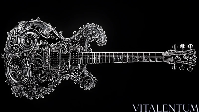 Baroque chrome electric guitar rendered with ornate metallic filigree