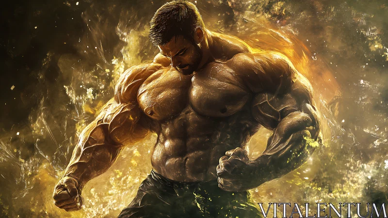 Muscular male figure posed in intense glowing energy field.
