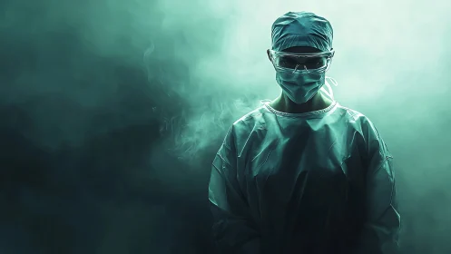 Medical professional stands in dramatic teal surgical light.