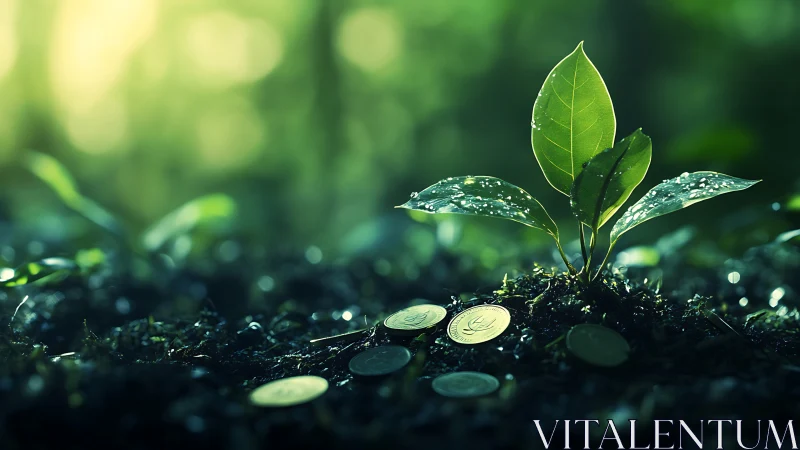 Tender green sprout rising from coins in a forest glow.