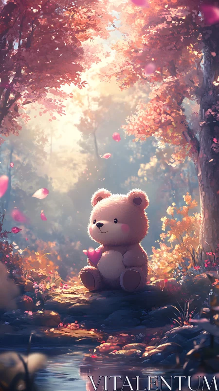 Cute teddy bear holding heart in glowing autumn forest.