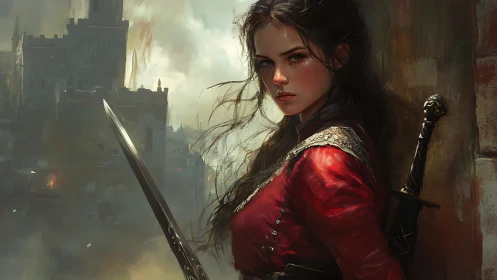 Warrior woman guards stormed fortress wall with drawn sword