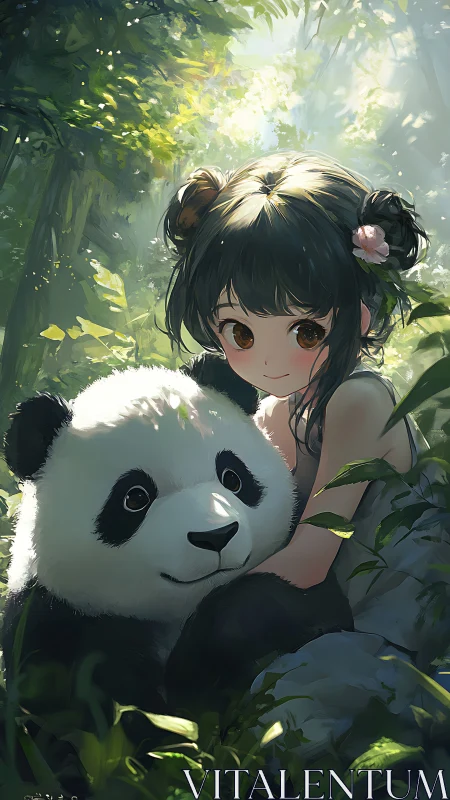Digital illustration depicts girl with panda in forest light