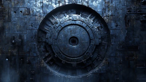 Ancient starship vault door humming with frozen secrets.