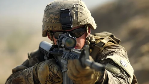 Soldier aiming rifle with optic in desert field environment.