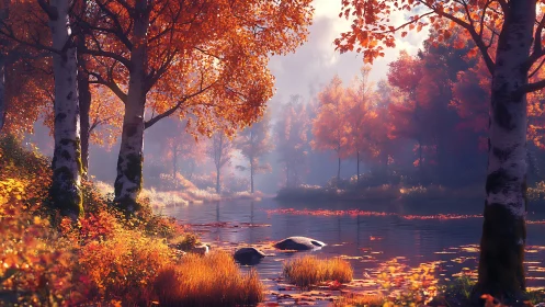 Amber river hush beneath birch trees in glowing autumn light.