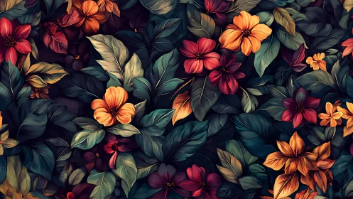 Lush tropical florals in saturated teal and amber palette.