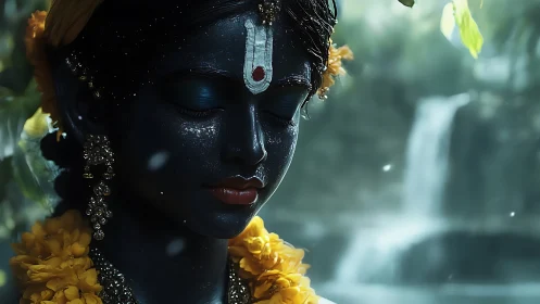 Photorealistic divine portrait with tranquil waterfall setting.