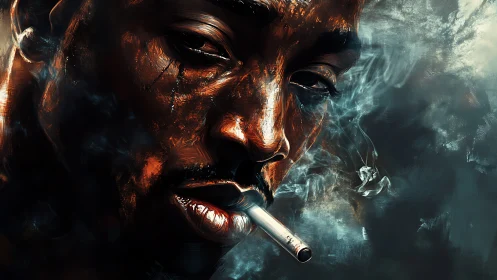 Smoke-draped gaze carves ember-lit sorrow from darkness