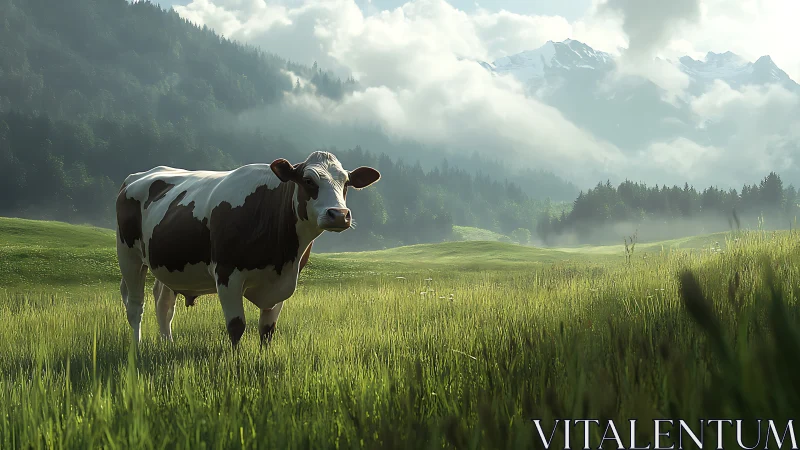 Brown and white cow standing in sunlit alpine meadow.