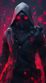 Hooded masked figure in tactical gear stands in red haze