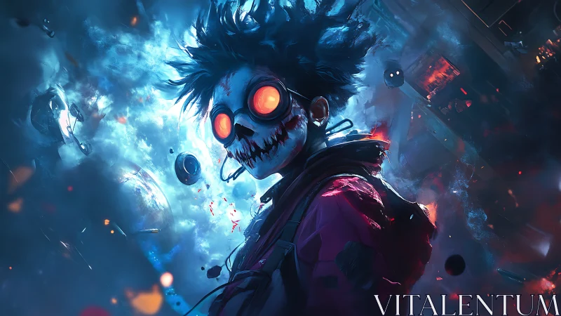 Cybernetic skull-headed figure in neon-ignited cosmic explosion