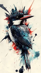 Abstract kingfisher portrait explodes with ink and color.