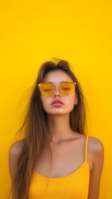 Woman in yellow sunglasses against solid yellow wall backdrop.
