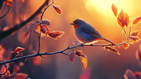 Serene robin on autumn branch at sunrise in soft, glowing light.