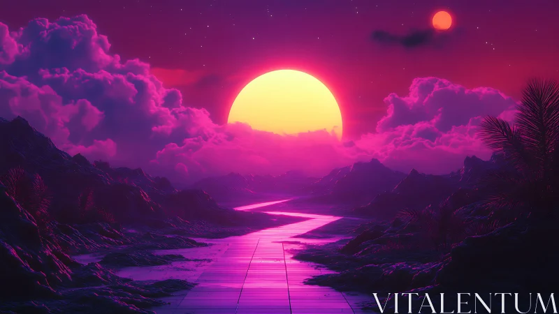 Neon landscape with solar horizon and reflective pathway.