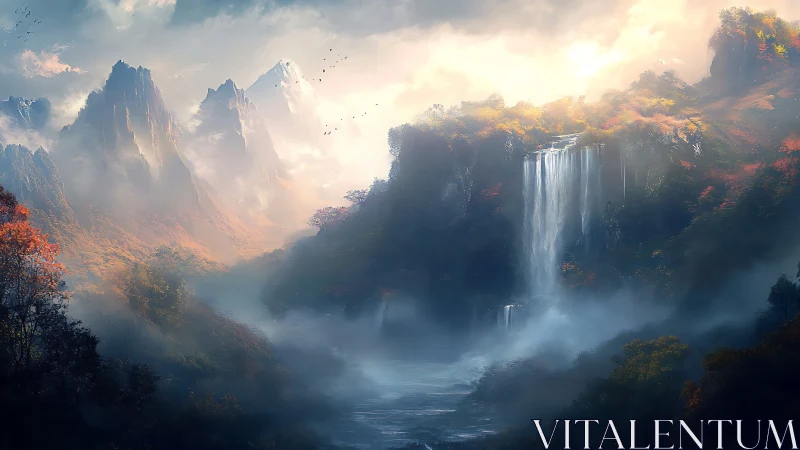 Mountain valley landscape shows waterfall in dense morning mist