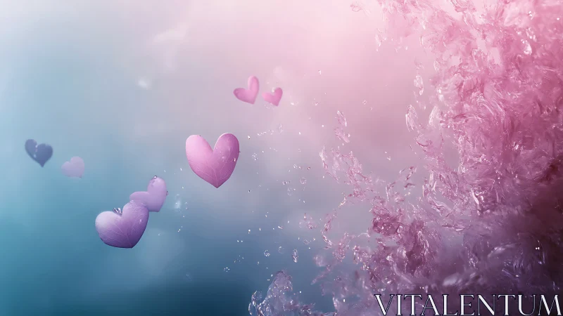 Pink Hearts Floating in Dreamy Water and Mist Atmosphere