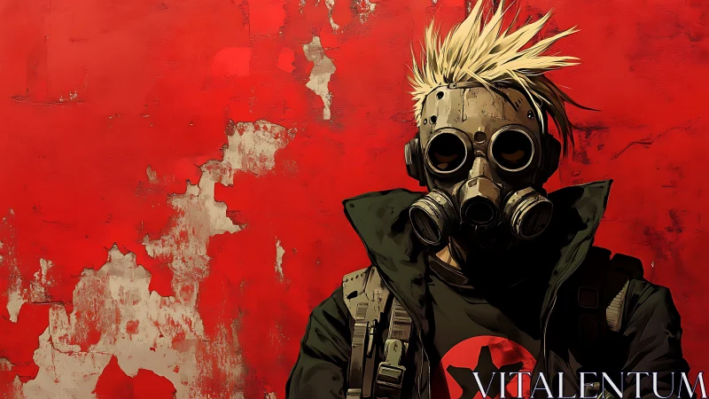 Figure in gas mask before distressed red urban wall.