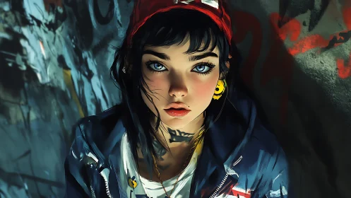 Graffiti-lit gaze carves electric calm in the urban hush