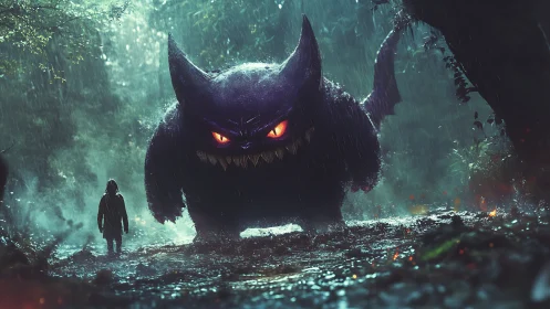 Colossal shadow beast stalking lone hooded figure in rain-soaked forest.