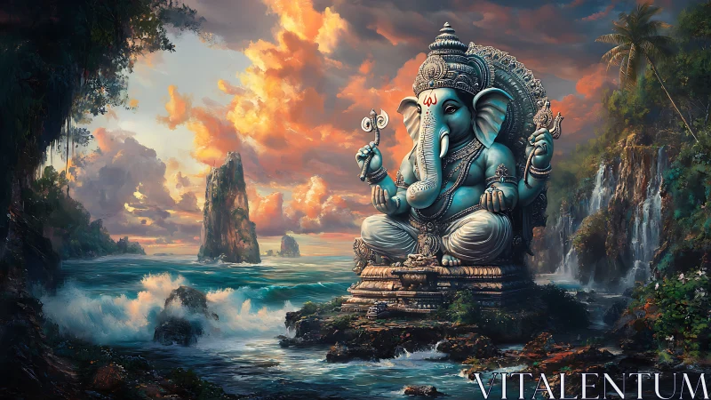Elephant-headed stone deity seated by turbulent coastal waters.