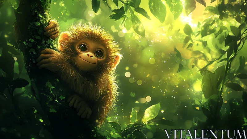 Golden-lit baby monkey rendered in lush forest bokeh.