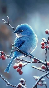Blue Songbird on Frost-Covered Berry Branch.