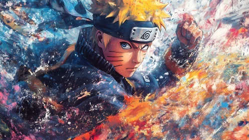 Dynamic anime ninja portrait with explosive paint motion