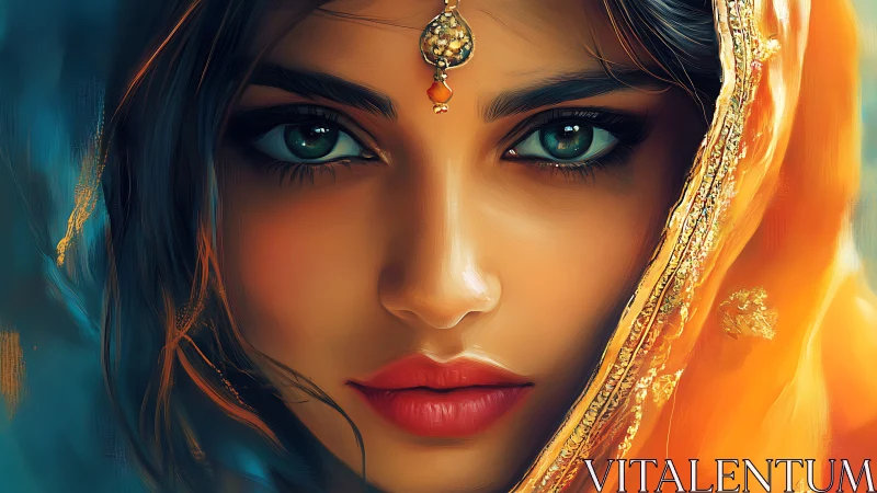 Emerald-eyed woman in golden veil gazes with quiet intensity.