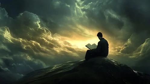 Solitary reader studies atop rock beneath apocalyptic sky glow