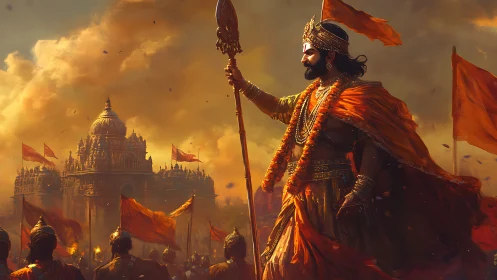 Epic warrior king before temple under storm-lit sky composition.