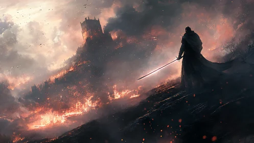 Epic fantasy knight silhouetted before burning citadel environment.
