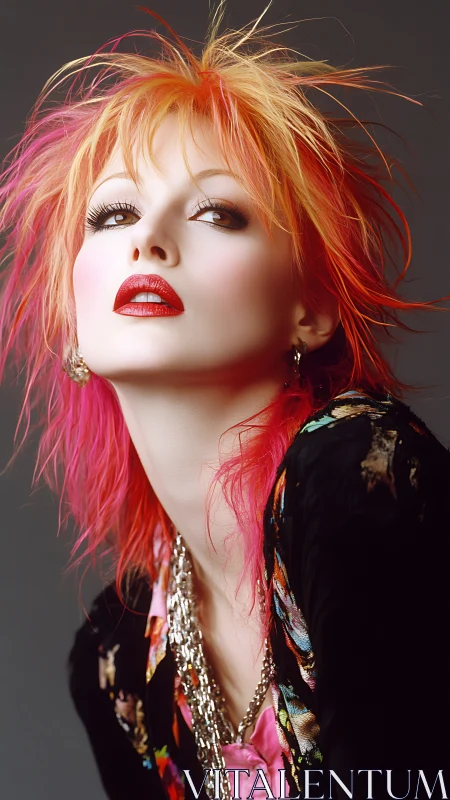 Portrait of woman with spiked orange and pink hairstyle.