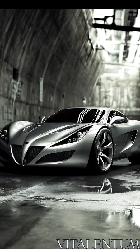 Silver hypercar cuts tunnel reflections with sculpted chrome