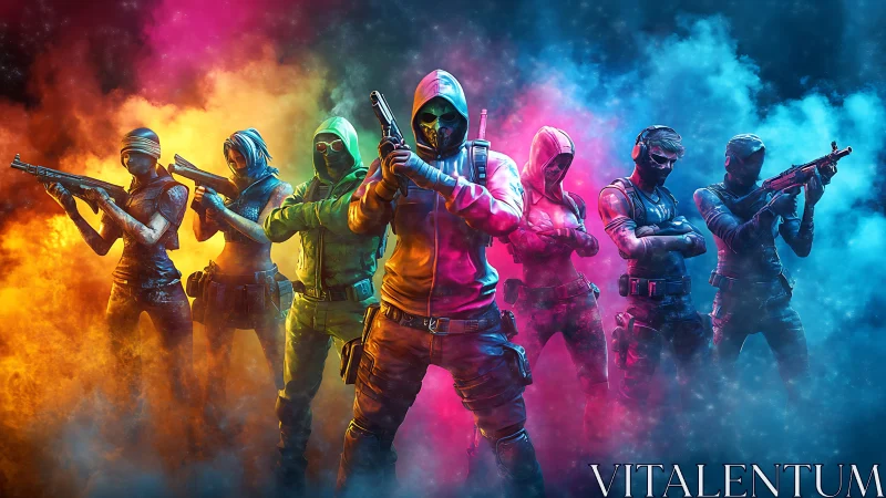 Multicolored tactical strike squad in cinematic digital fogscape.