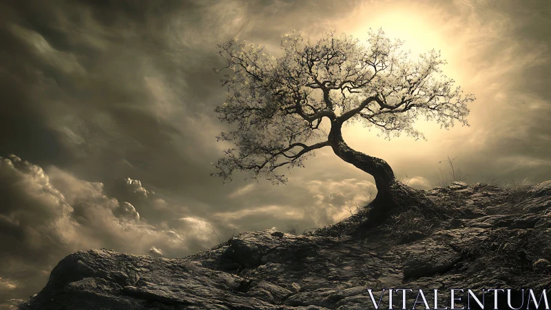 Lonely twisted tree clings to rocky slope under harsh light.