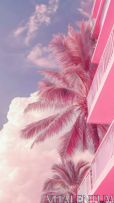 Dreamy pink palm balconies welcome a soft tropical escape