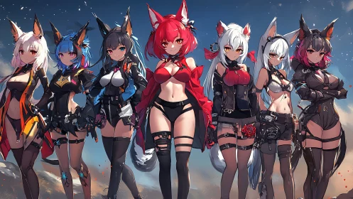 Seven fox-eared heroines in tactical neon streetwear line-up.