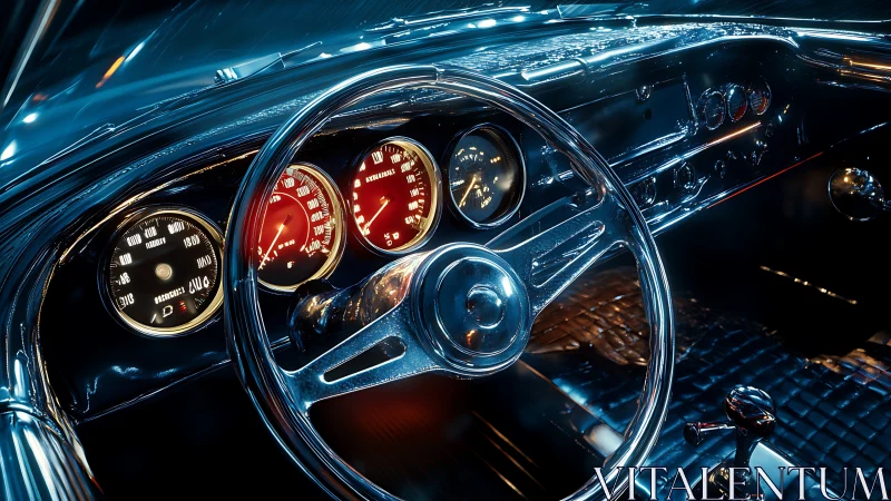 Illuminated chrome classic car dashboard shows detailed gauges