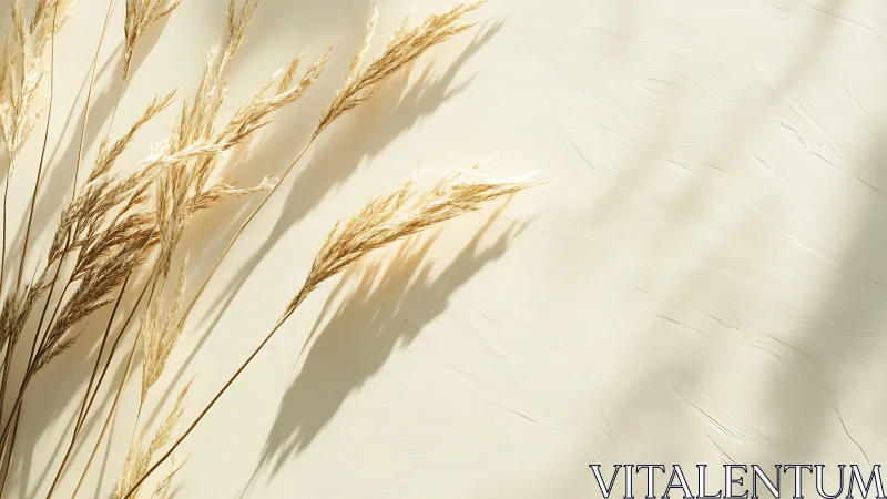 Dried reed stems casting soft shadows on textured cream wall.