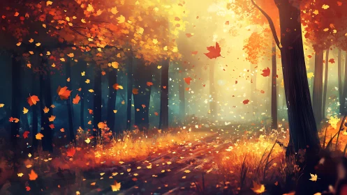 Autumn Forest Path Illuminated by Golden Falling Leaves.