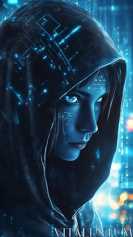 Hooded cyberpunk figure with glowing blue circuitry gaze.