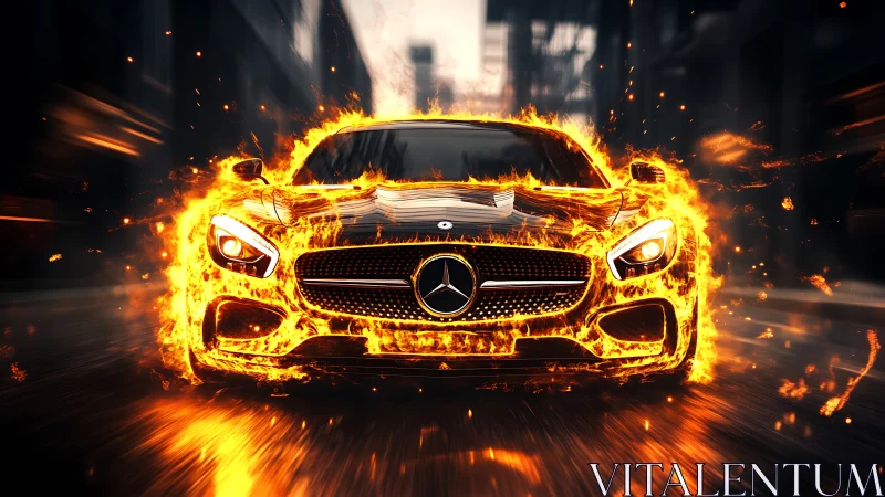 Flaming sports car charging through blurred neon streets.