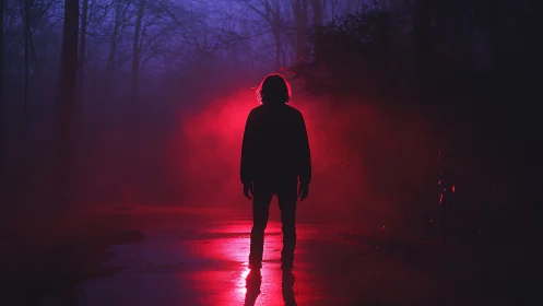 Silhouette of lone figure on misty forest road at night.